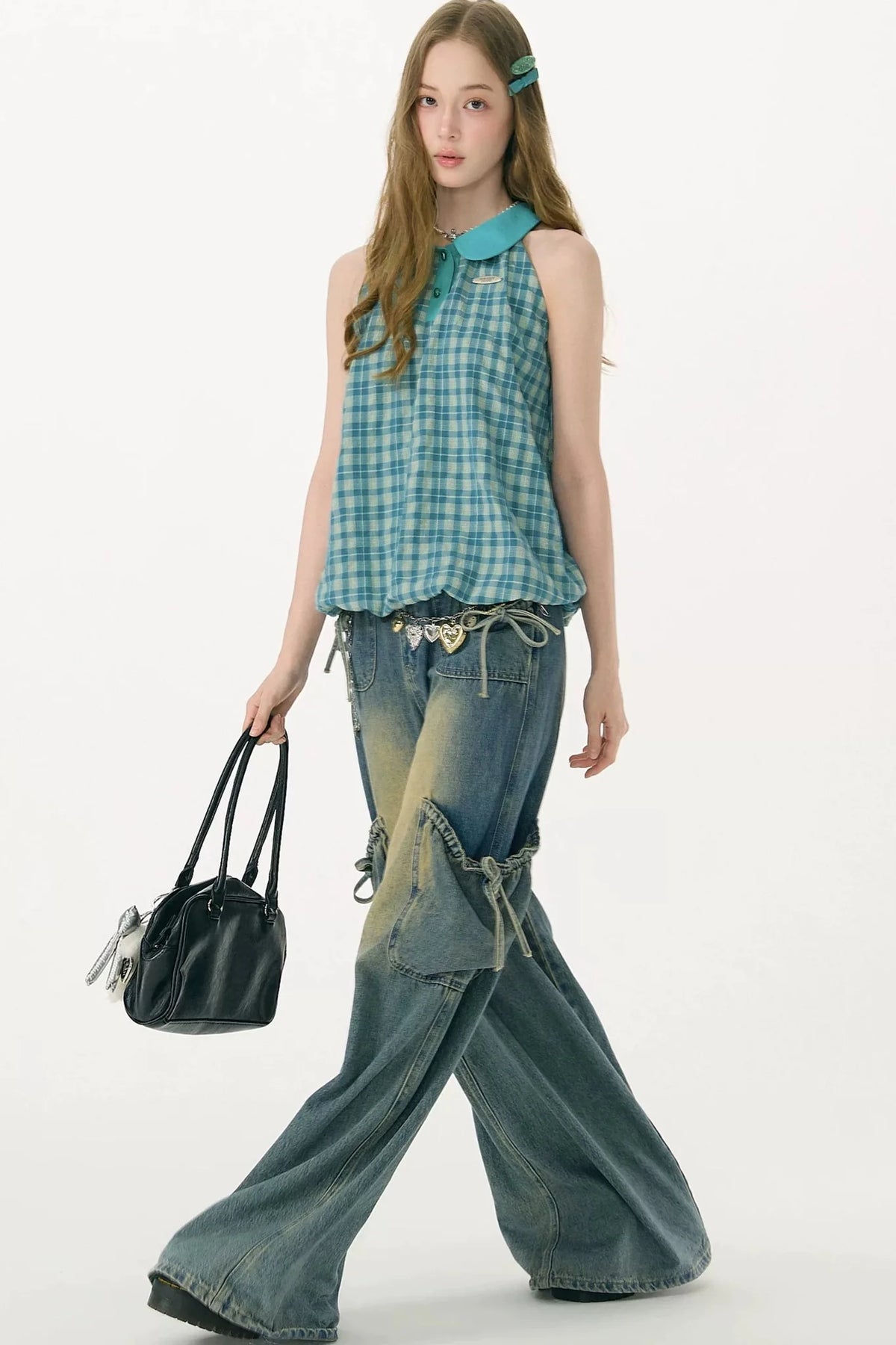 Blue Green Plaid Ruffled Halter Top
