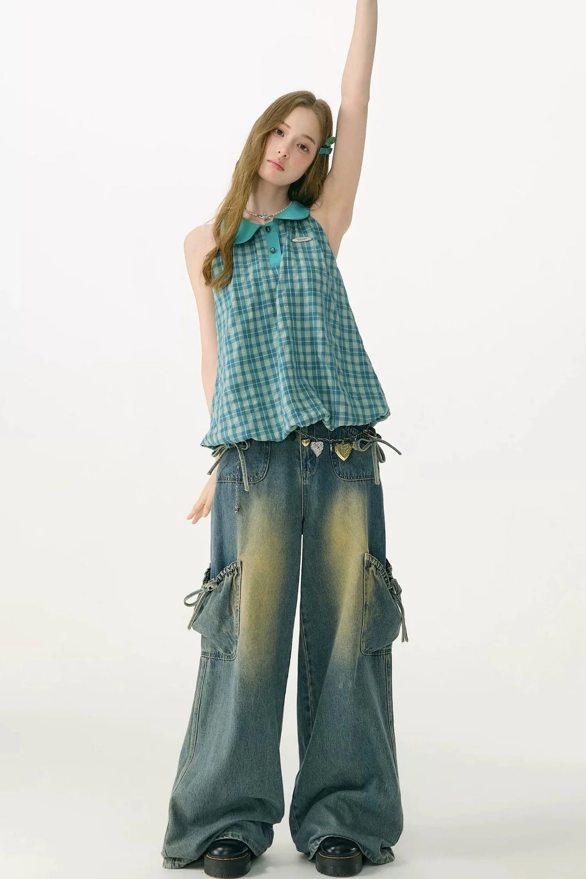 Blue Green Plaid Ruffled Halter Top