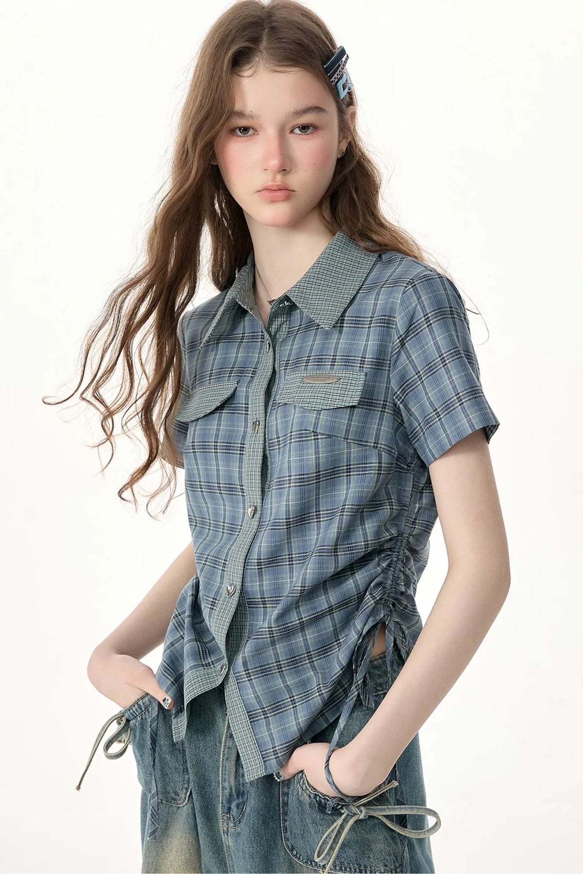 Blue Green Plaid Short Sleeve Shirt