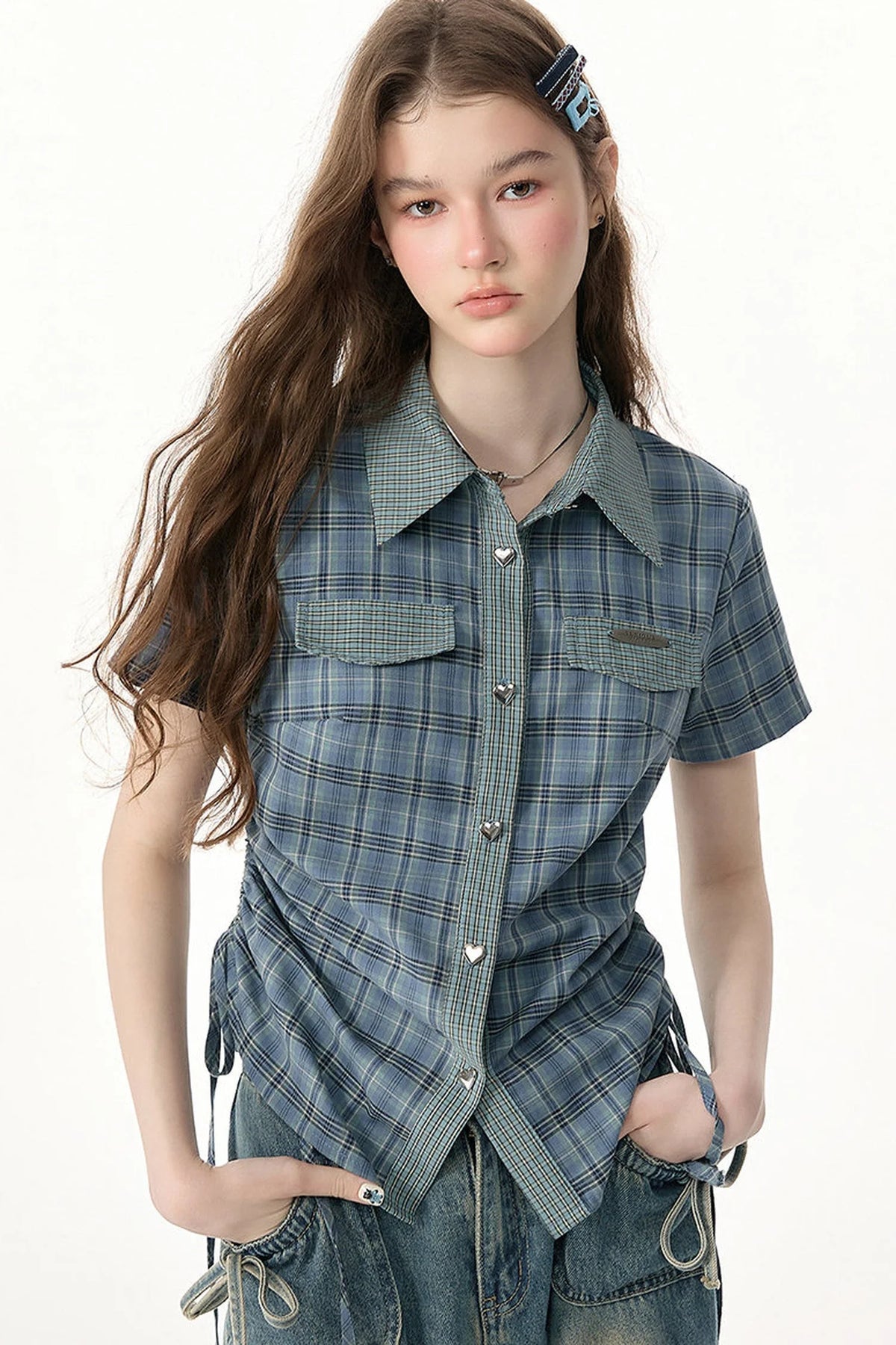 Blue Green Plaid Short Sleeve Shirt