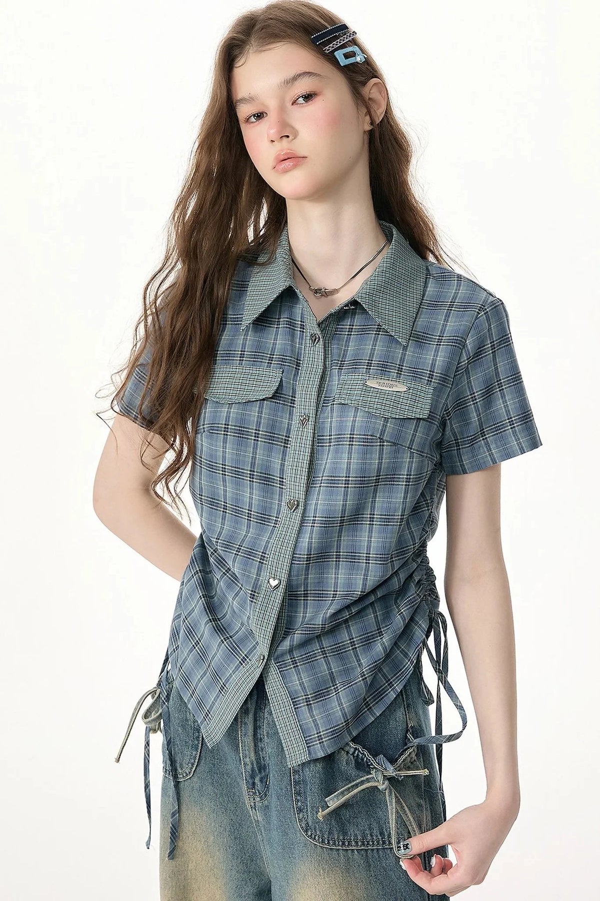 Blue Green Plaid Short Sleeve Shirt
