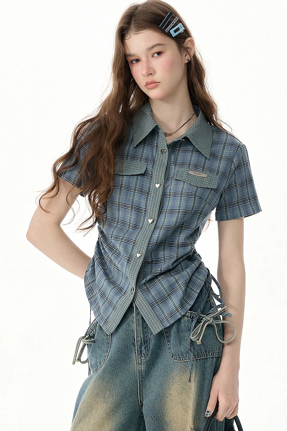 Blue Green Plaid Short Sleeve Shirt