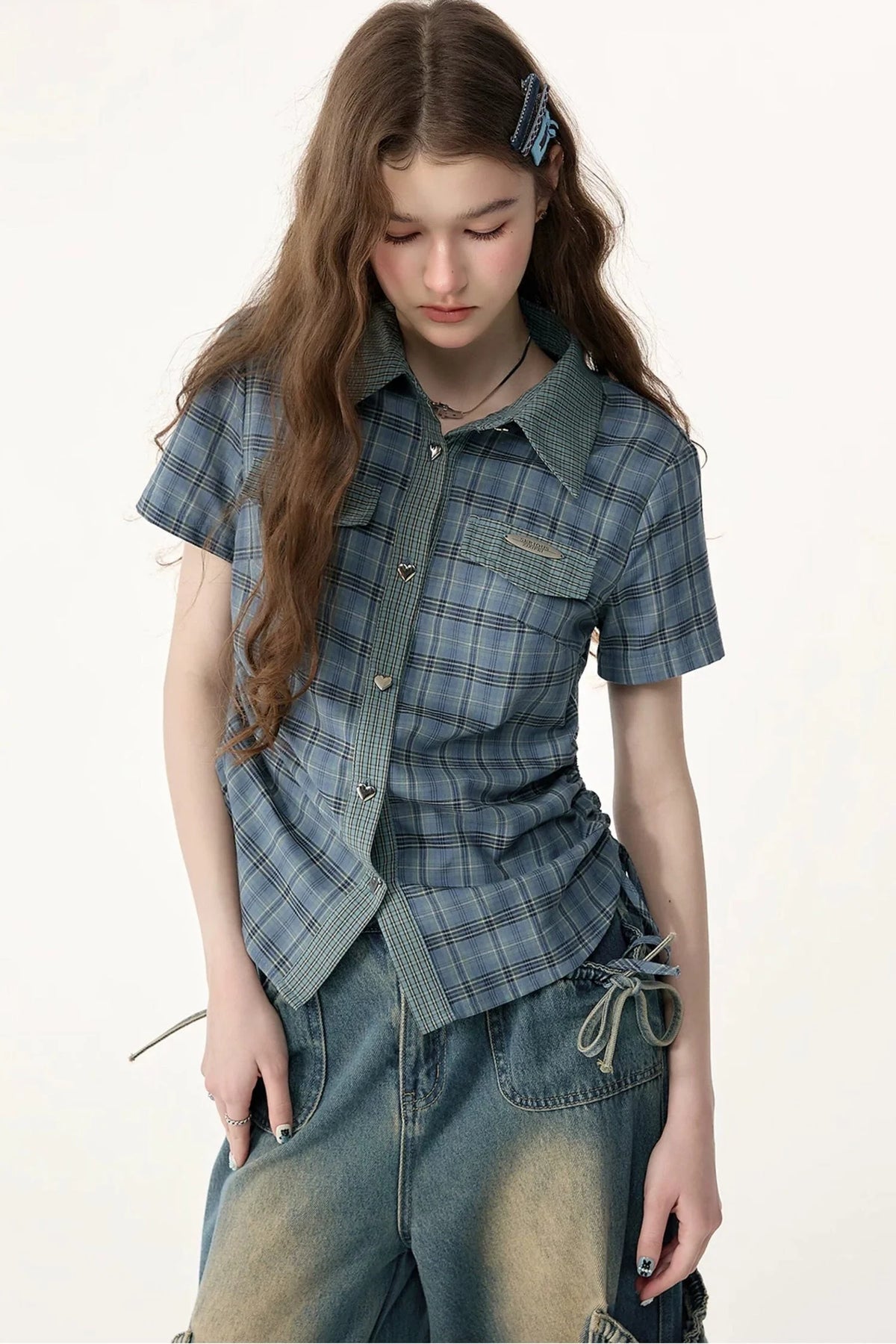 Blue Green Plaid Short Sleeve Shirt