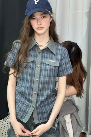 Blue Green Plaid Short Sleeve Shirt