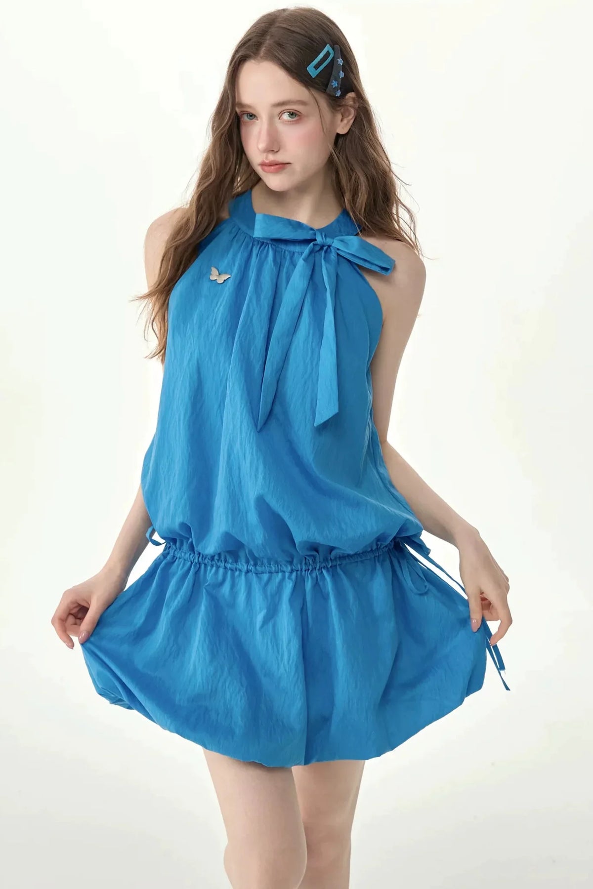 Blue Halter Neck Bow Sleeveless Dress