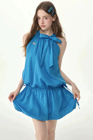 Blue Halter Neck Bow Sleeveless Dress