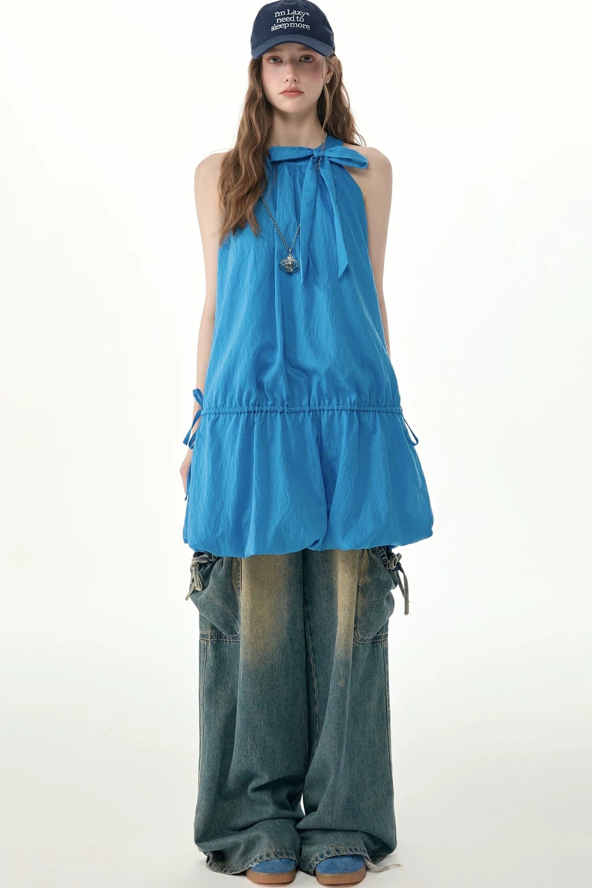 Blue Halter Neck Bow Sleeveless Dress