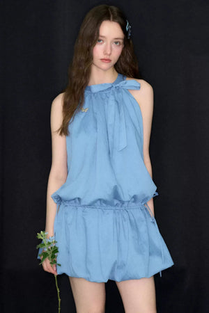 Blue Halter Neck Bow Sleeveless Dress