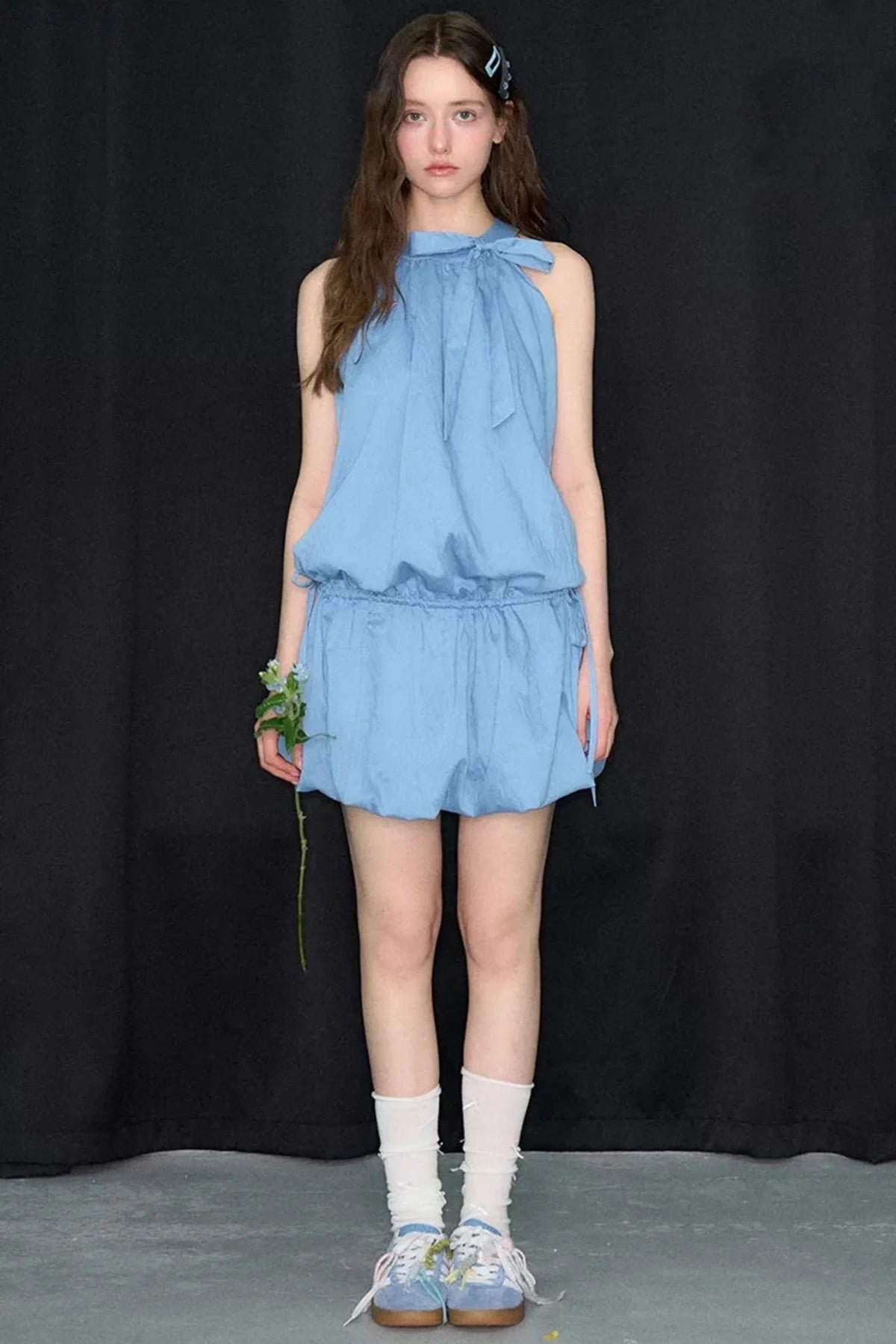 Blue Halter Neck Bow Sleeveless Dress