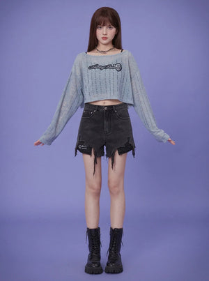 Blue Hollow Knitted Top
