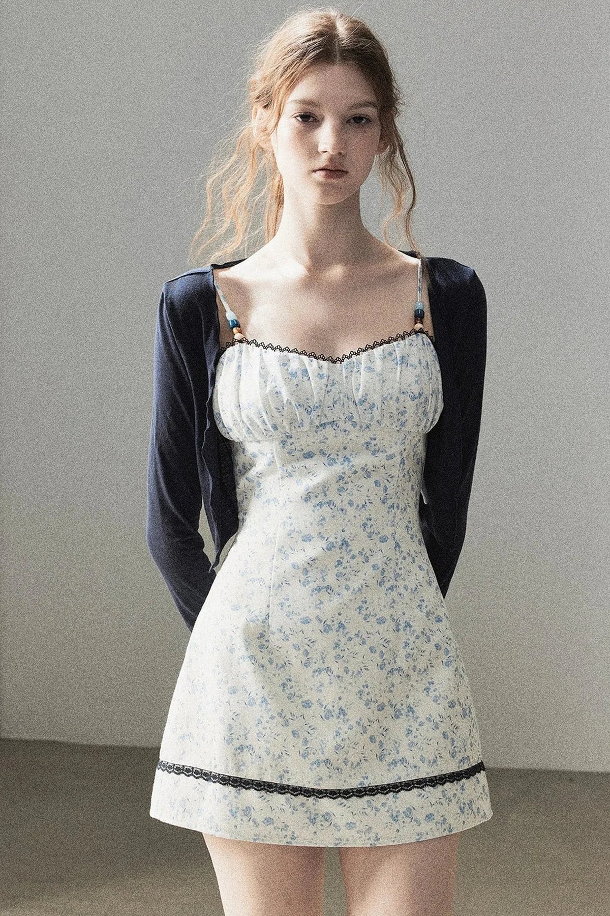 Blue Iris Floral Spaghetti Strap Dress and Cardigan Set-Up