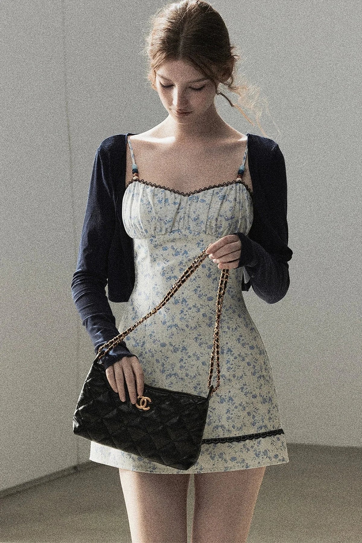 Blue Iris Floral Spaghetti Strap Dress and Cardigan Set-Up