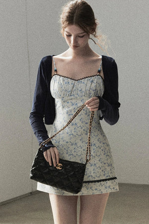 Blue Iris Floral Spaghetti Strap Dress and Cardigan Set-Up