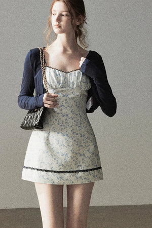 Blue Iris Floral Spaghetti Strap Dress and Cardigan Set-Up