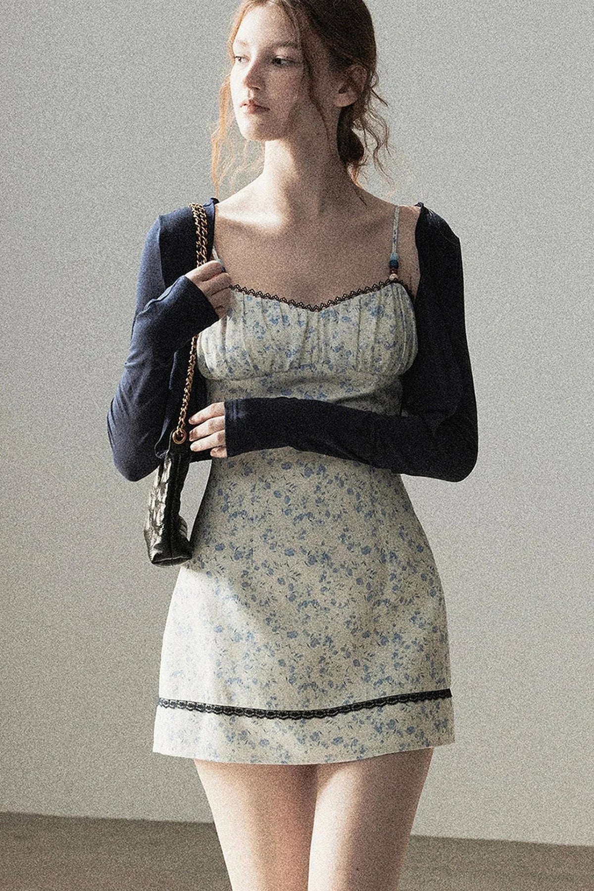 Blue Iris Floral Spaghetti Strap Dress and Cardigan Set-Up