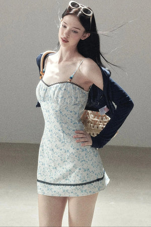 Blue Iris Floral Spaghetti Strap Dress and Cardigan Set-Up
