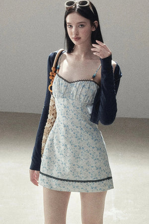 Blue Iris Floral Spaghetti Strap Dress and Cardigan Set-Up