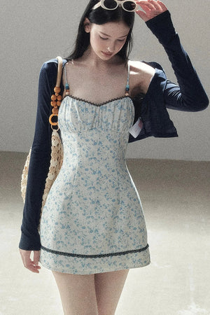 Blue Iris Floral Spaghetti Strap Dress and Cardigan Set-Up