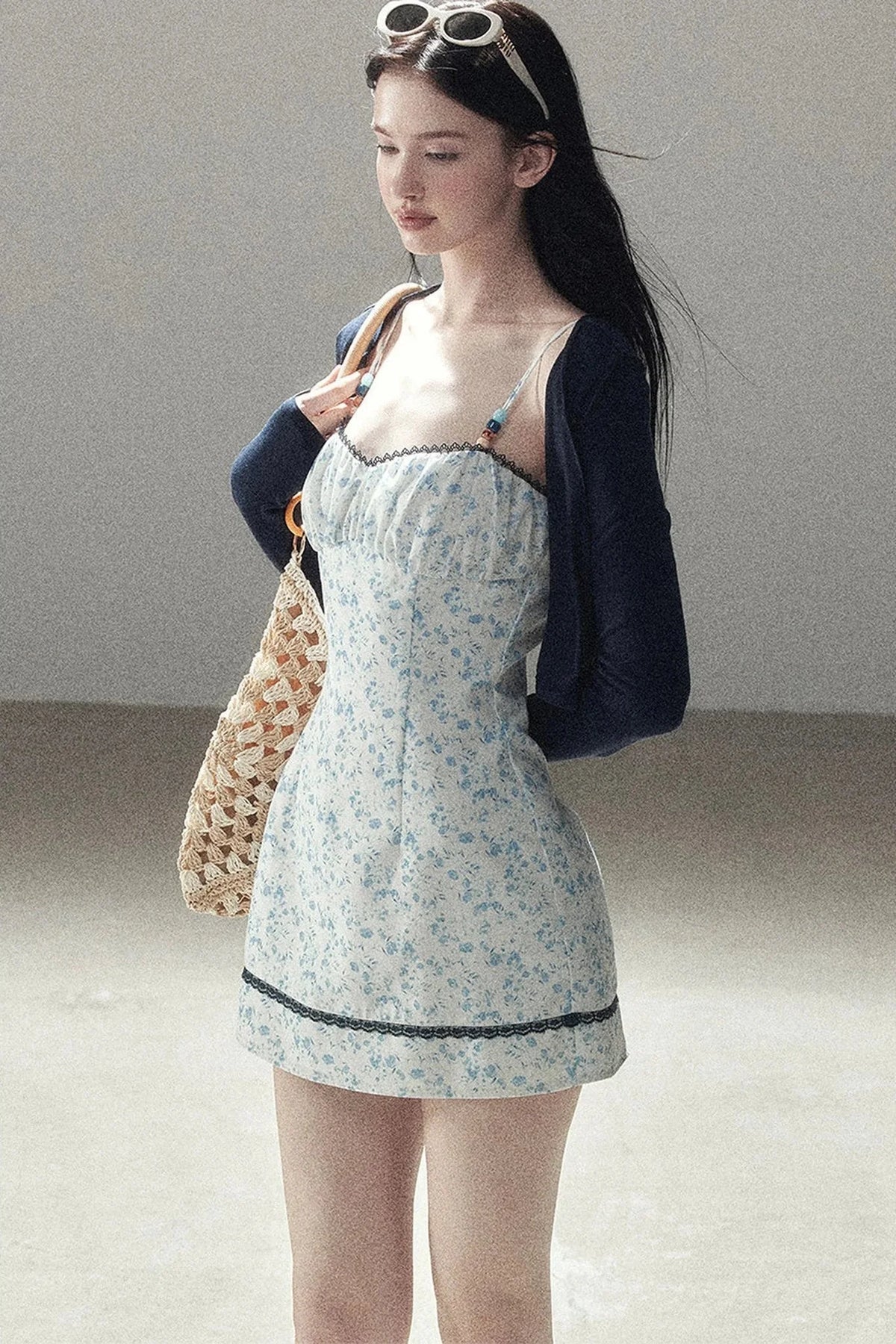 Blue Iris Floral Spaghetti Strap Dress and Cardigan Set-Up