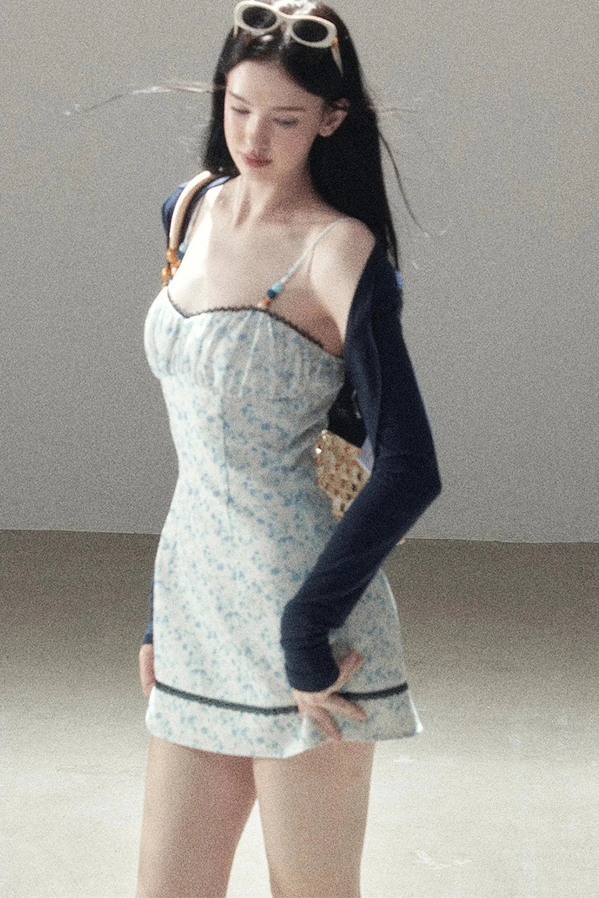 Blue Iris Floral Spaghetti Strap Dress and Cardigan Set-Up