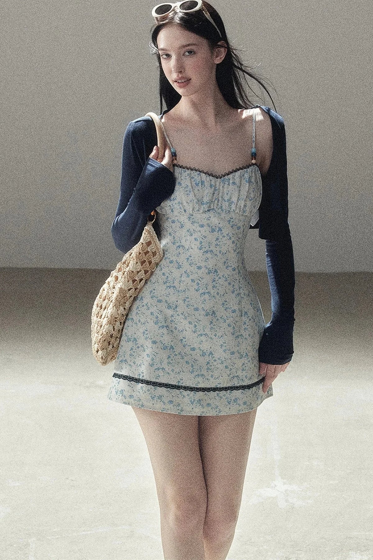 Blue Iris Floral Spaghetti Strap Dress and Cardigan Set-Up