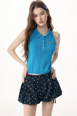 Blue Knit Polo Collar Halter Top