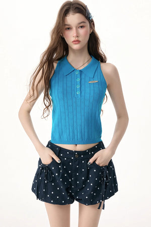Blue Knit Polo Collar Halter Top