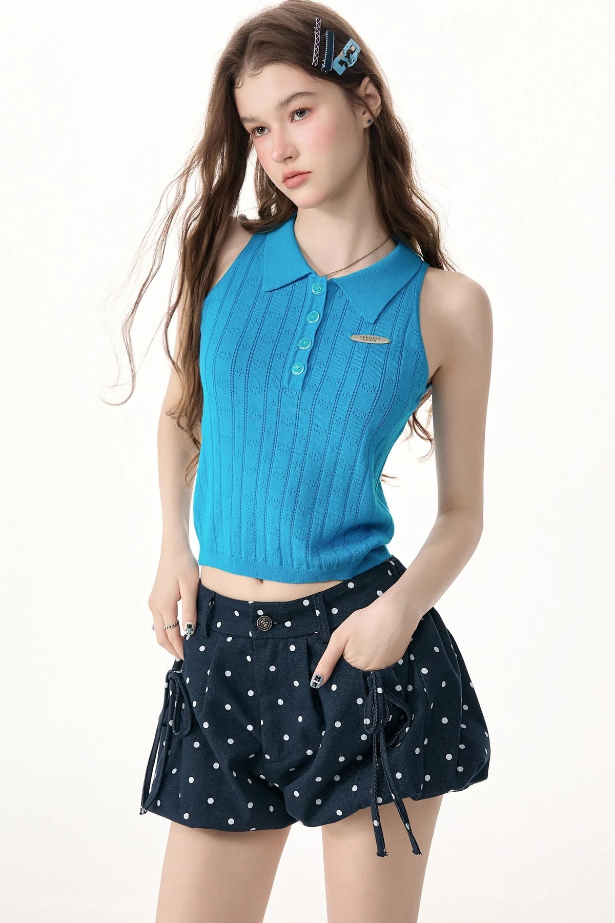 Blue Knit Polo Collar Halter Top