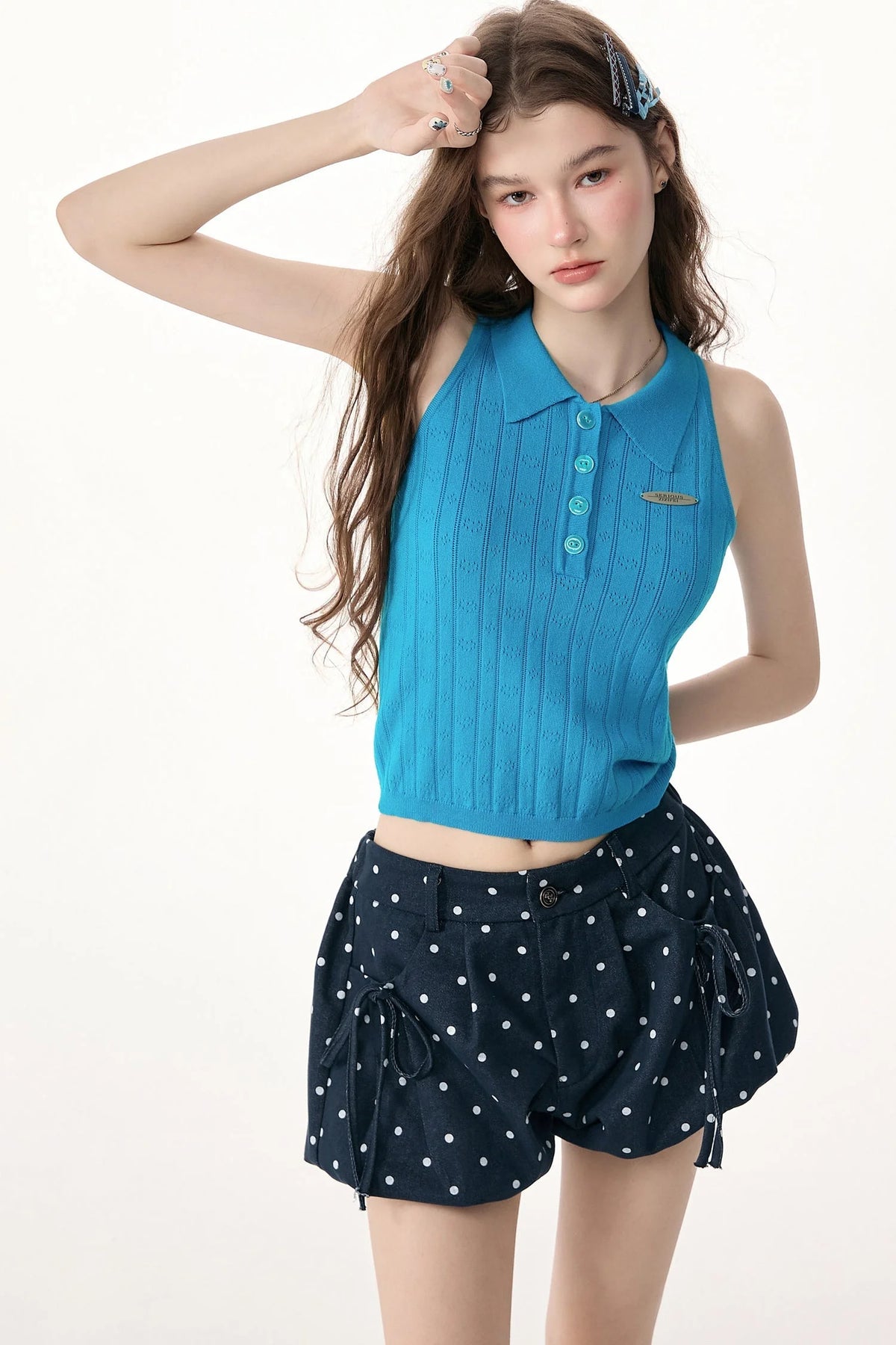 Blue Knit Polo Collar Halter Top