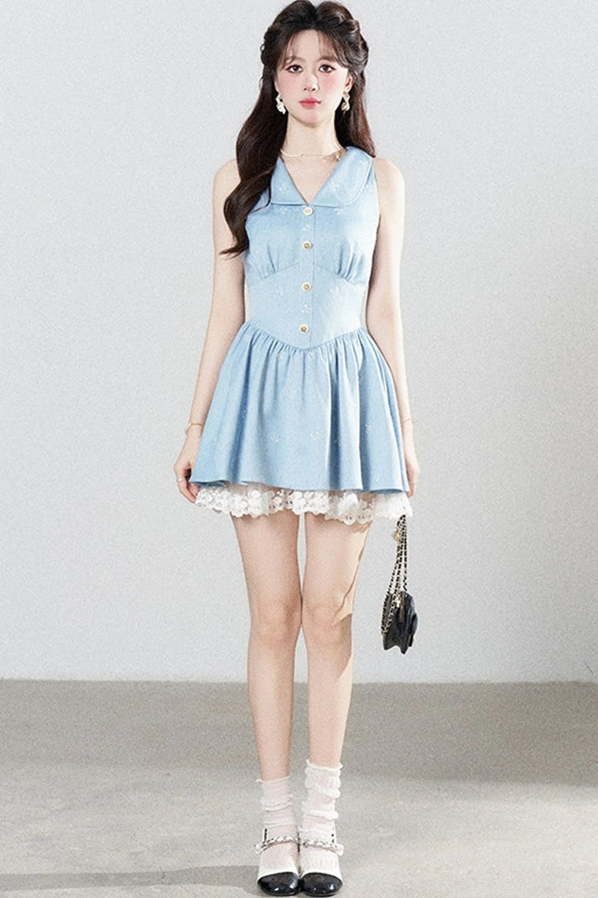 Blue Lapel Sleeveless Spliced Lace Ruffle Dress