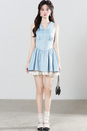 Blue Lapel Sleeveless Spliced Lace Ruffle Dress