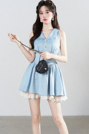 Blue Lapel Sleeveless Spliced Lace Ruffle Dress