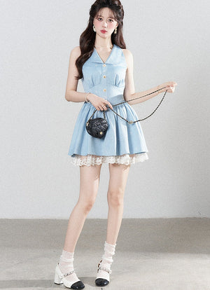Blue Lapel Sleeveless Spliced Lace Ruffle Dress