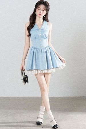 Blue Lapel Sleeveless Spliced Lace Ruffle Dress