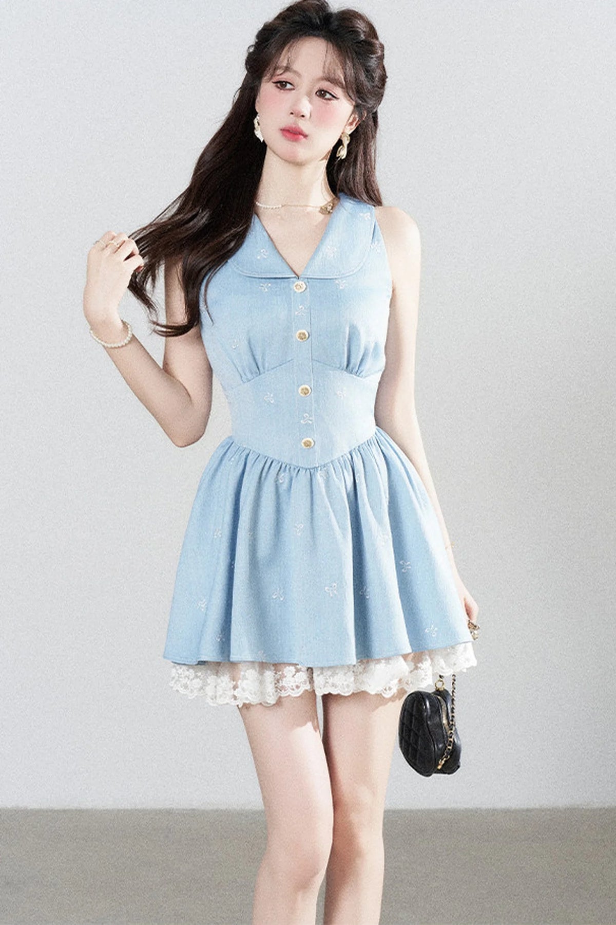 Blue Lapel Sleeveless Spliced Lace Ruffle Dress
