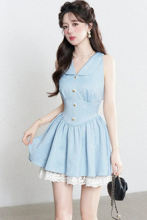 Blue Lapel Sleeveless Spliced Lace Ruffle Dress