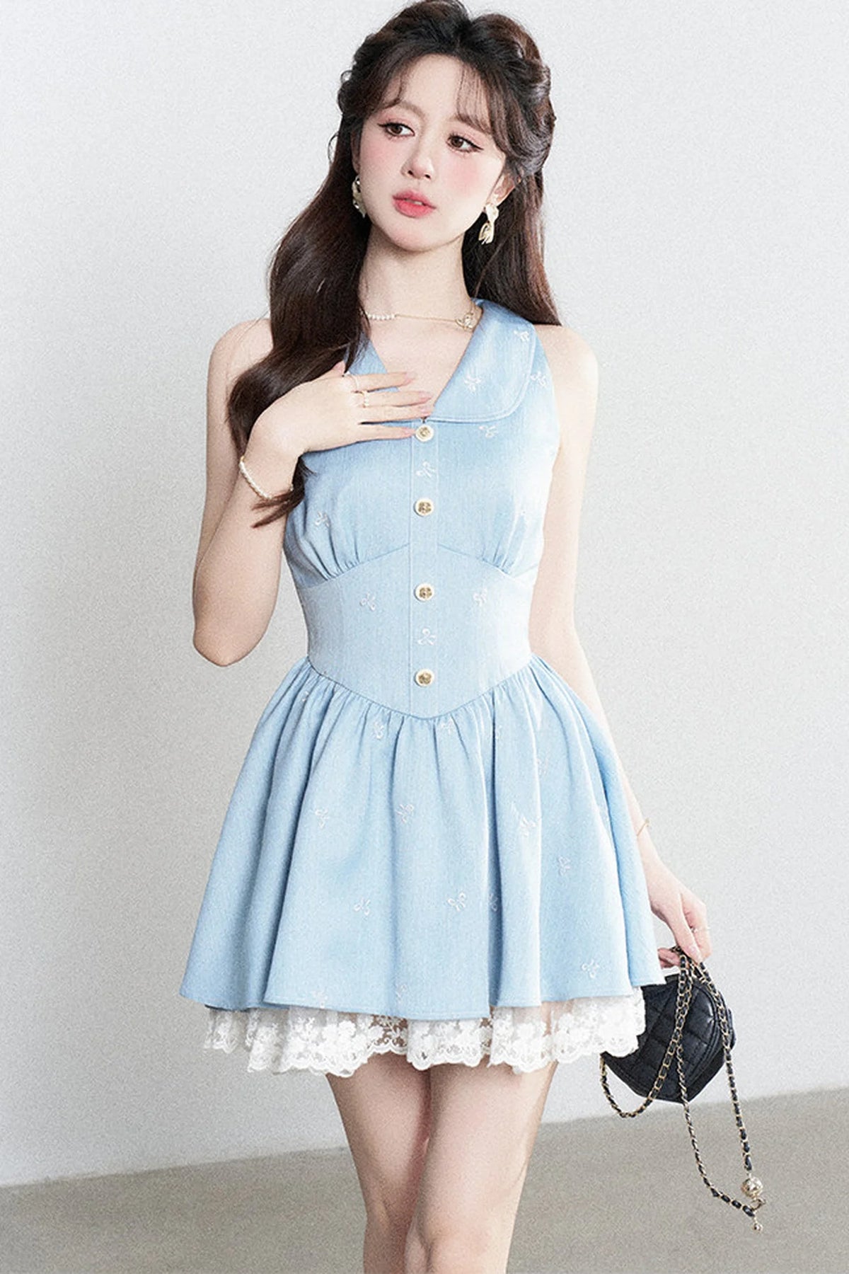 Blue Lapel Sleeveless Spliced Lace Ruffle Dress