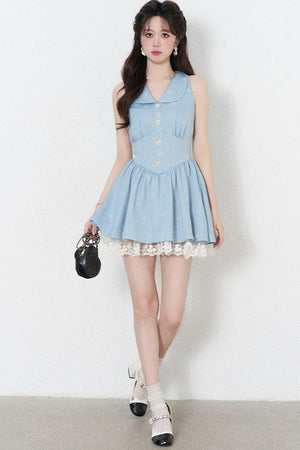 Blue Lapel Sleeveless Spliced Lace Ruffle Dress