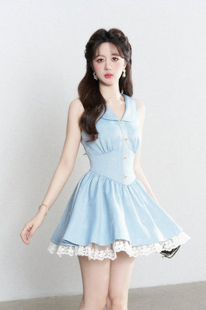 Blue Lapel Sleeveless Spliced Lace Ruffle Dress