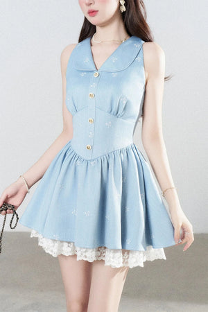 Blue Lapel Sleeveless Spliced Lace Ruffle Dress