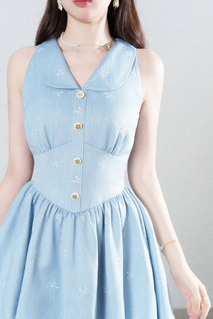 Blue Lapel Sleeveless Spliced Lace Ruffle Dress