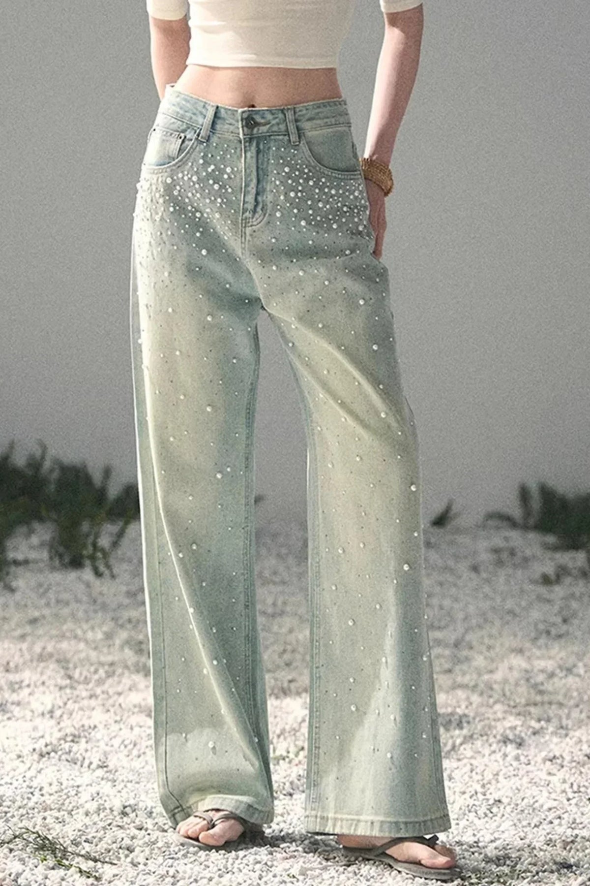 Blue Light Beaded Denim Pants