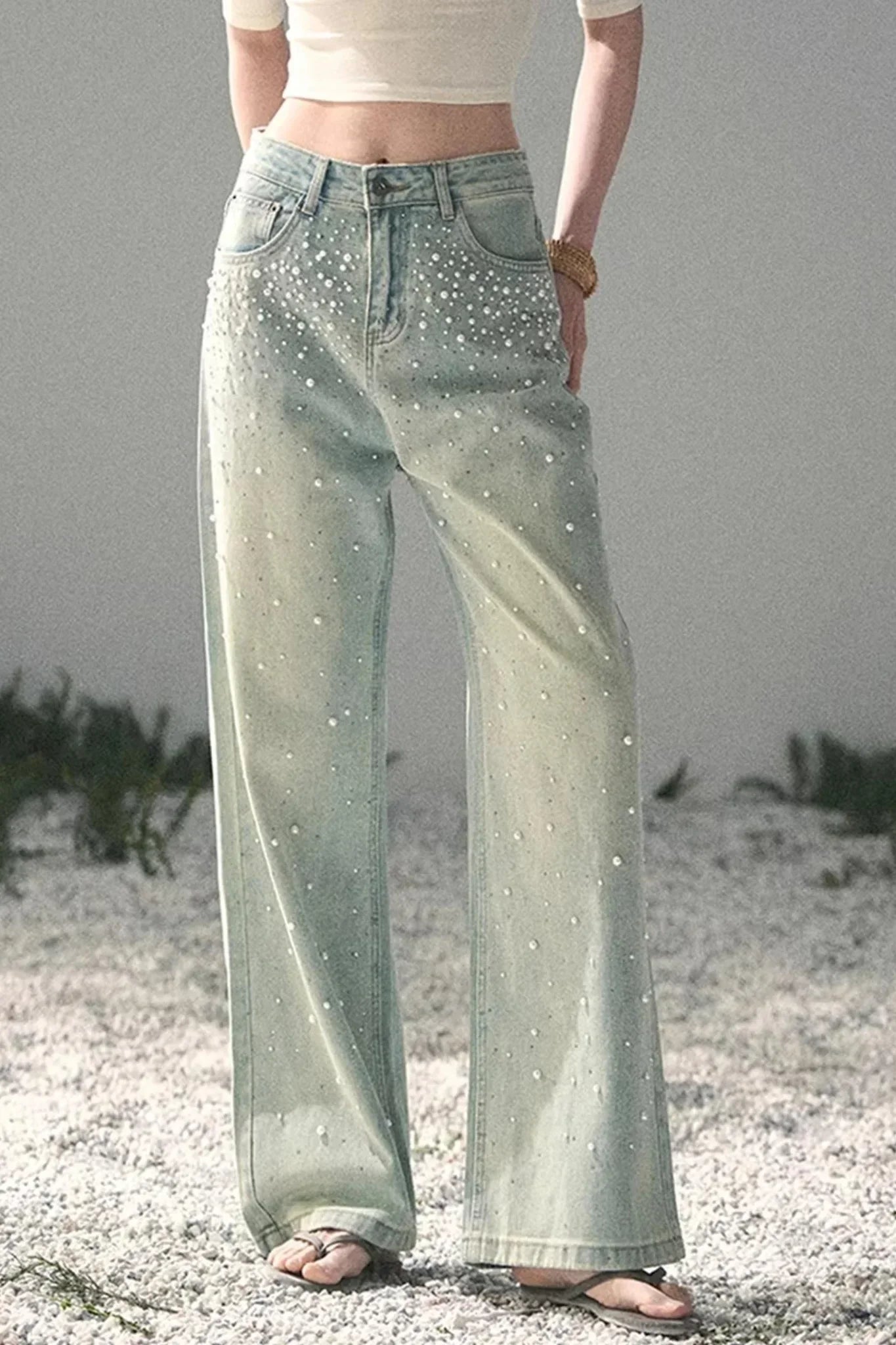 Blue Light Beaded Denim Pants