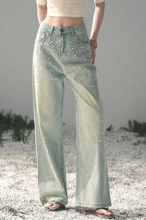 Blue Light Beaded Denim Pants