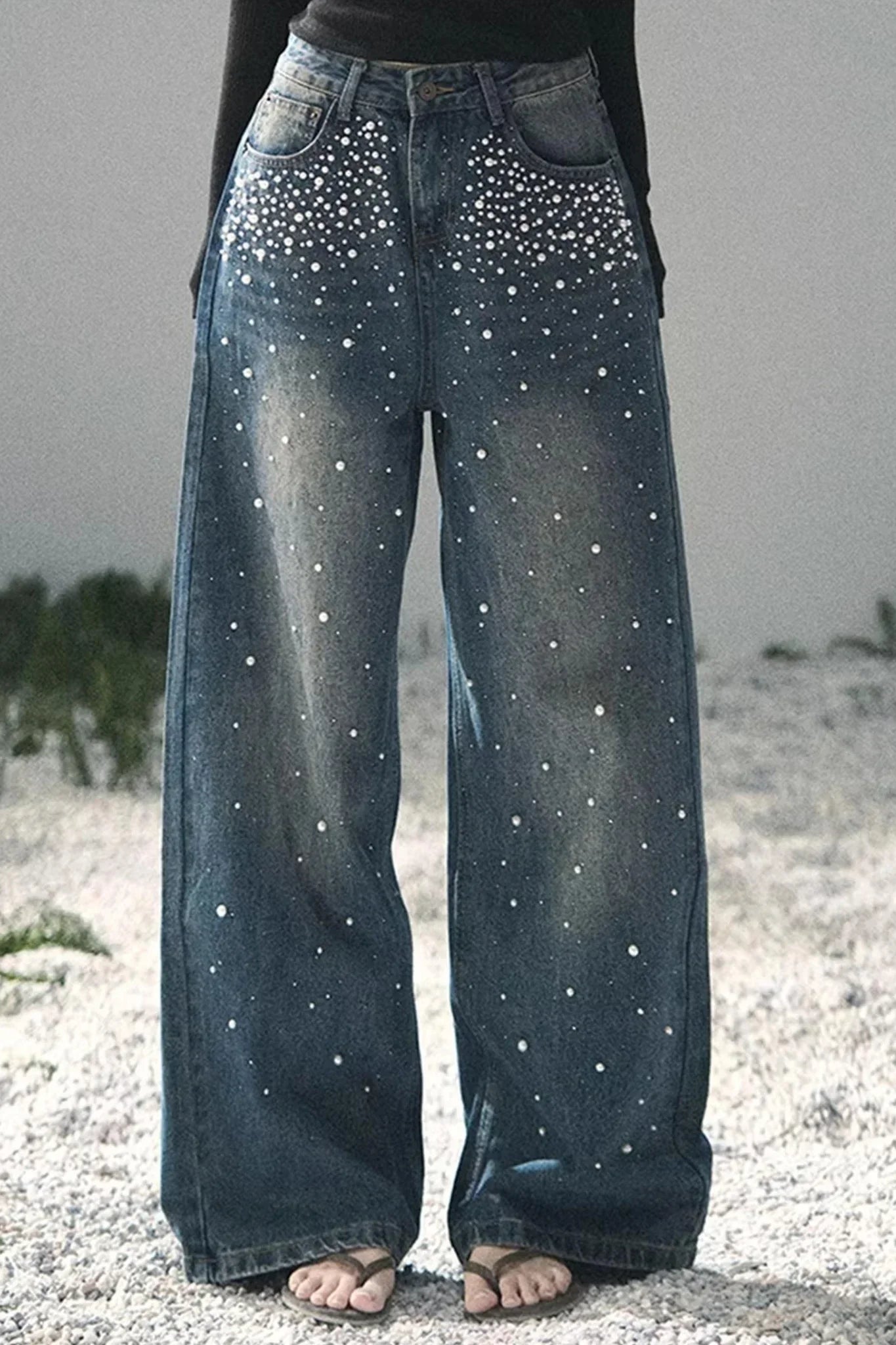 Blue Light Beaded Denim Pants