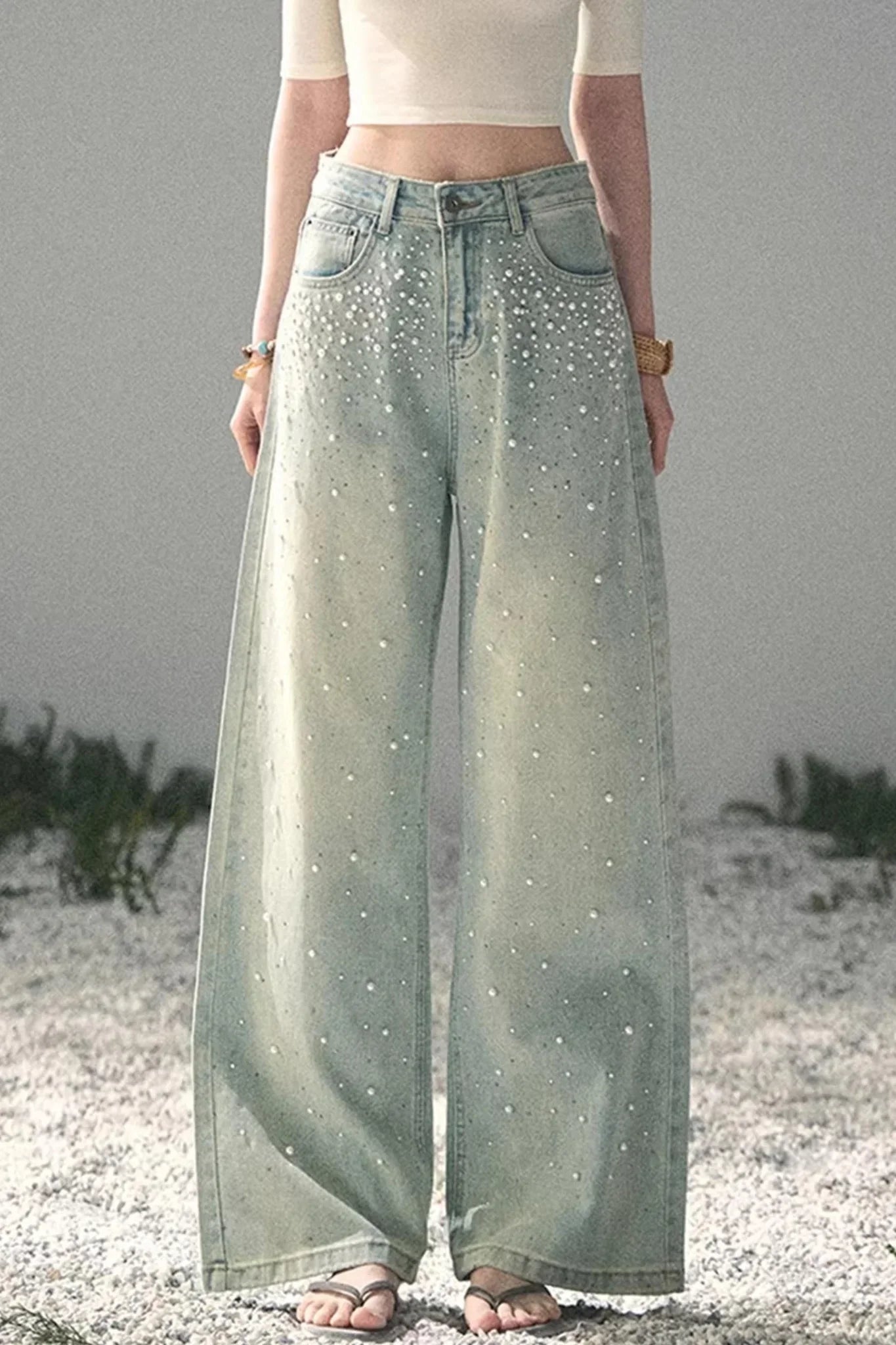 Blue Light Beaded Denim Pants
