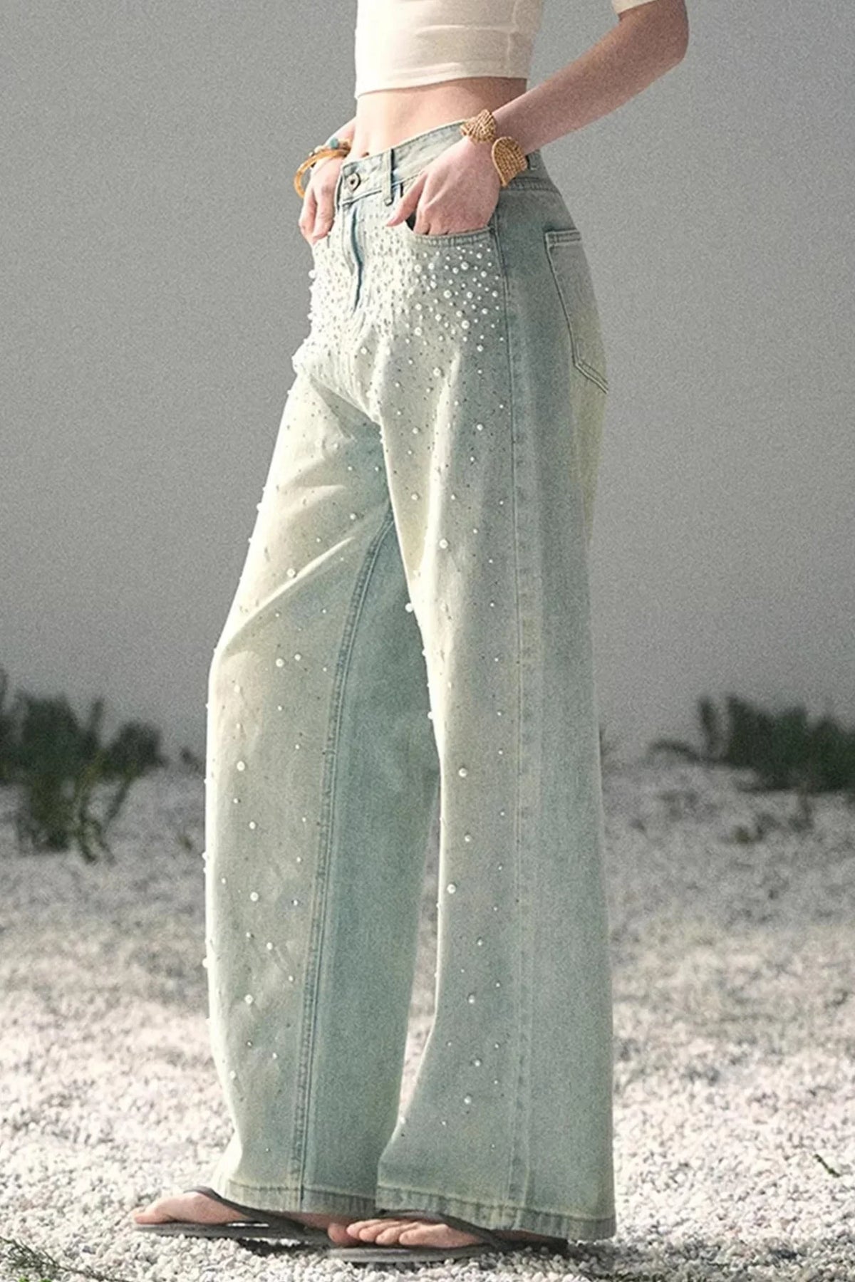Blue Light Beaded Denim Pants