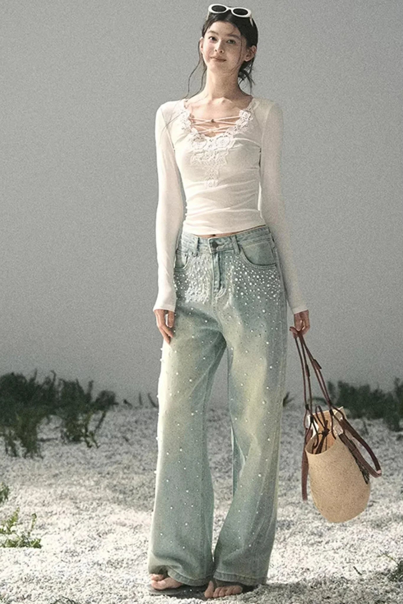 Blue Light Beaded Denim Pants