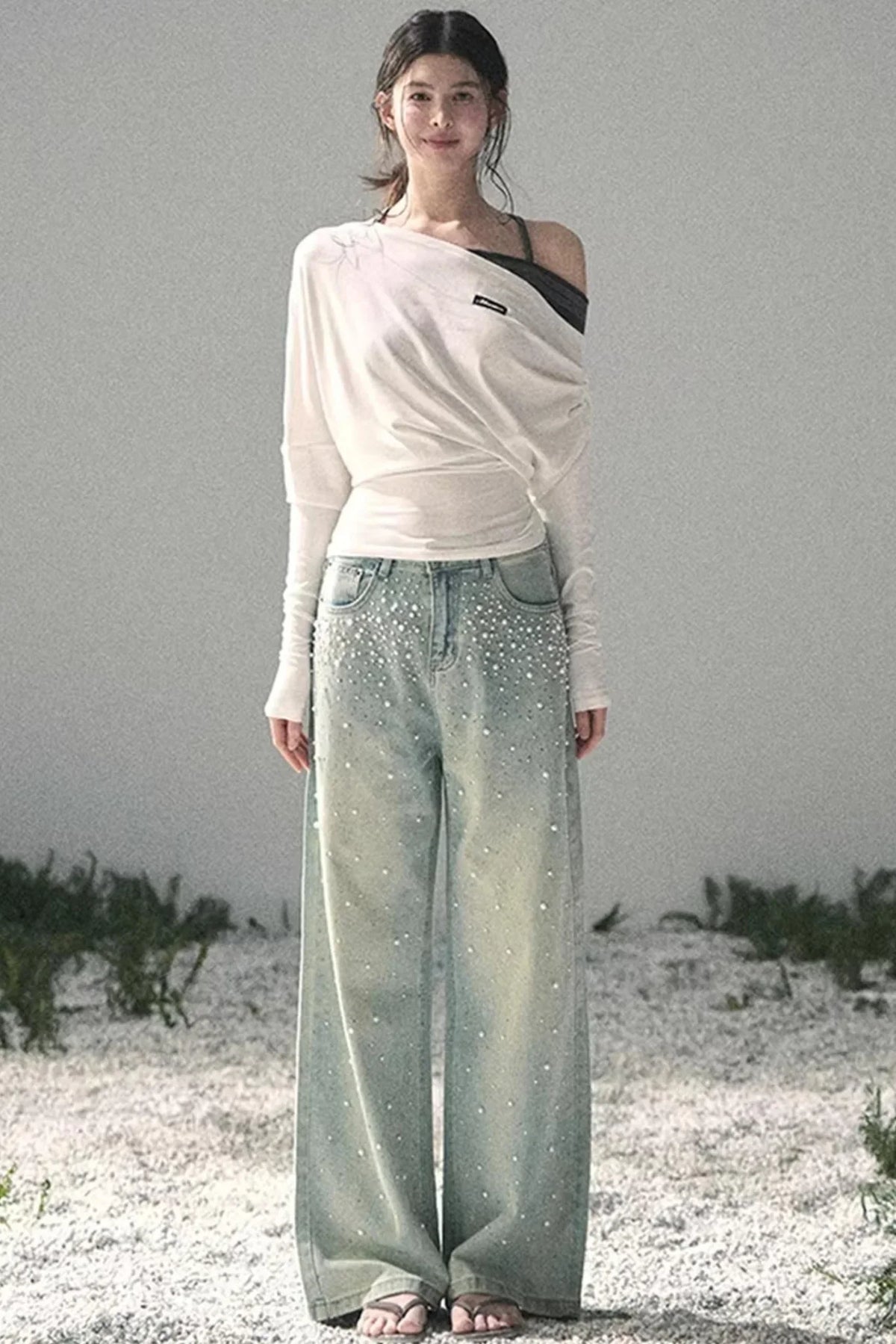 Blue Light Beaded Denim Pants