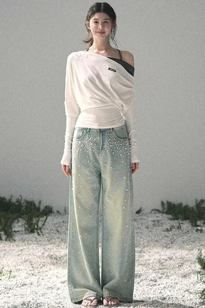 Blue Light Beaded Denim Pants
